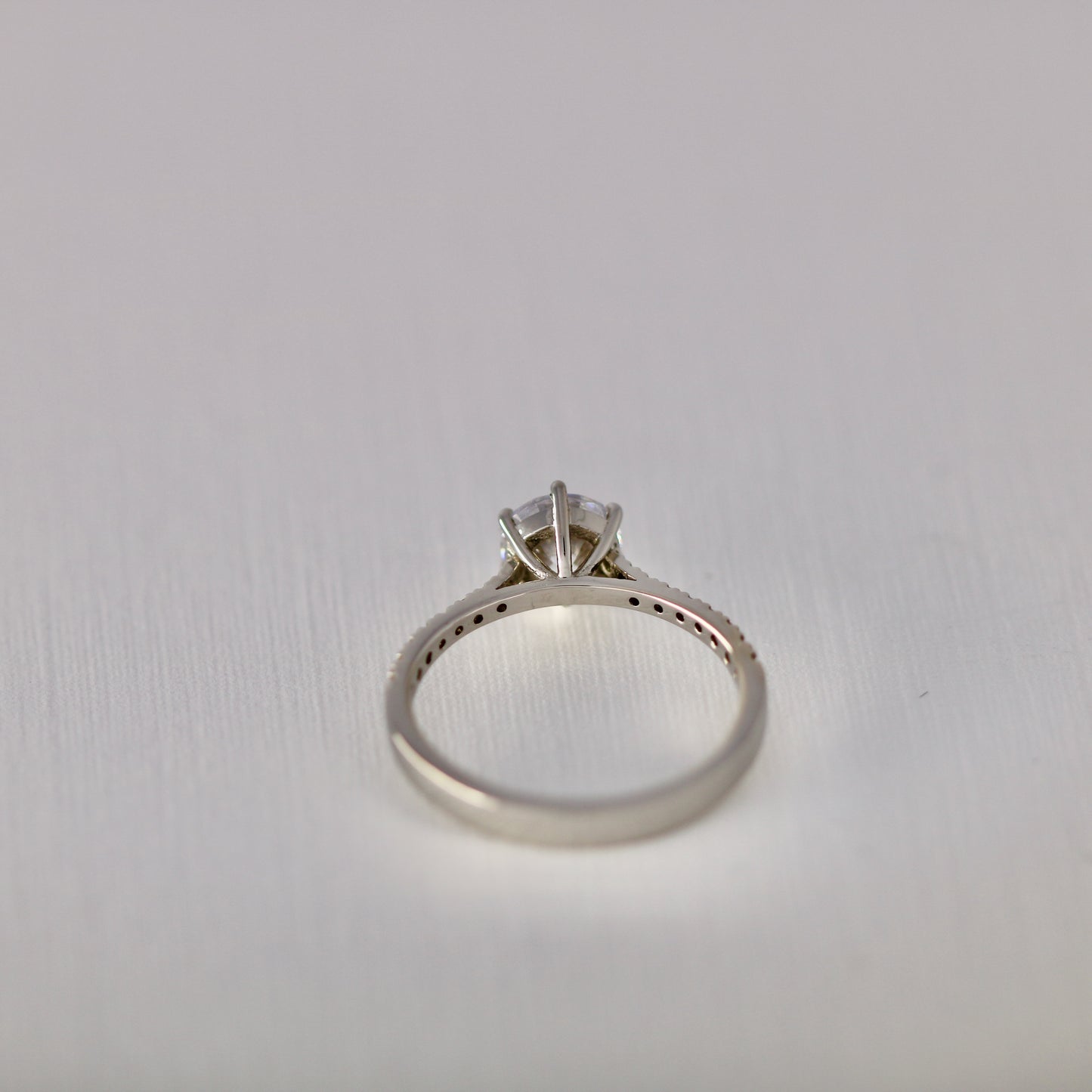 Six claw solitaire with diamonds in band